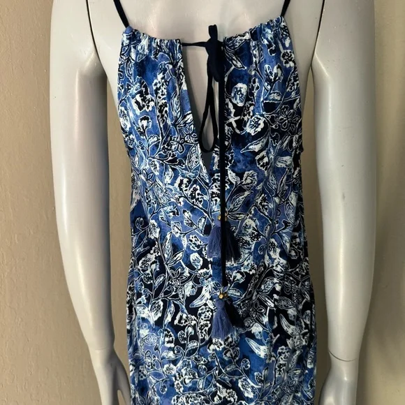NWT LUCKY BRAND Indigo Floral Maxi Dress Boho Tassel Beach Dress Cover Up Size S - Picture 8 of 16